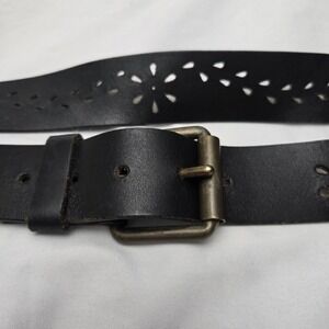 Y2K Womens Size XXL Wide Leather Belt Black Laser Cut Flowers Boho Western Retro